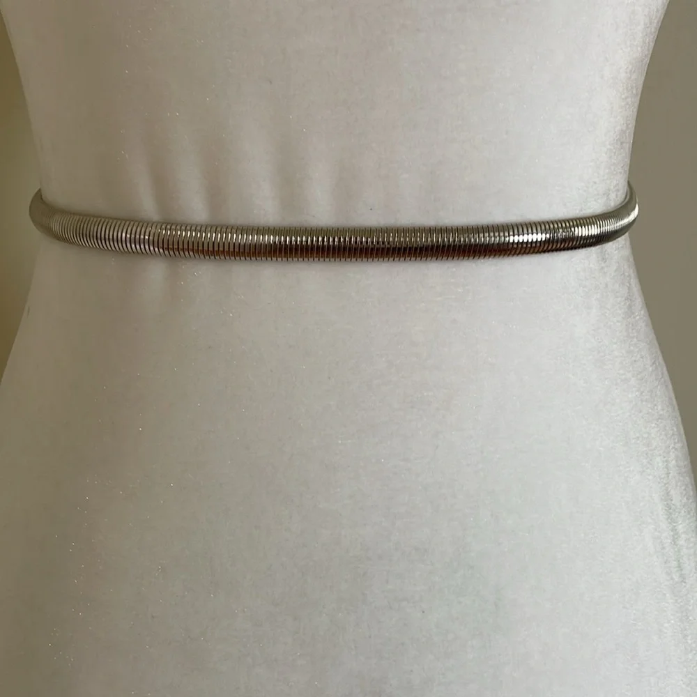 VINTAGE  SILVERTONE METALLIC SNAKE LINK STATEMENT SKINNY WAIST BELT
